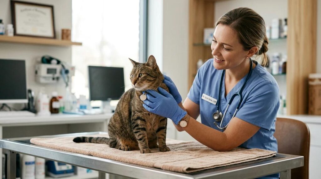 Mèo con đang được kiểm tra bởi bác sĩ